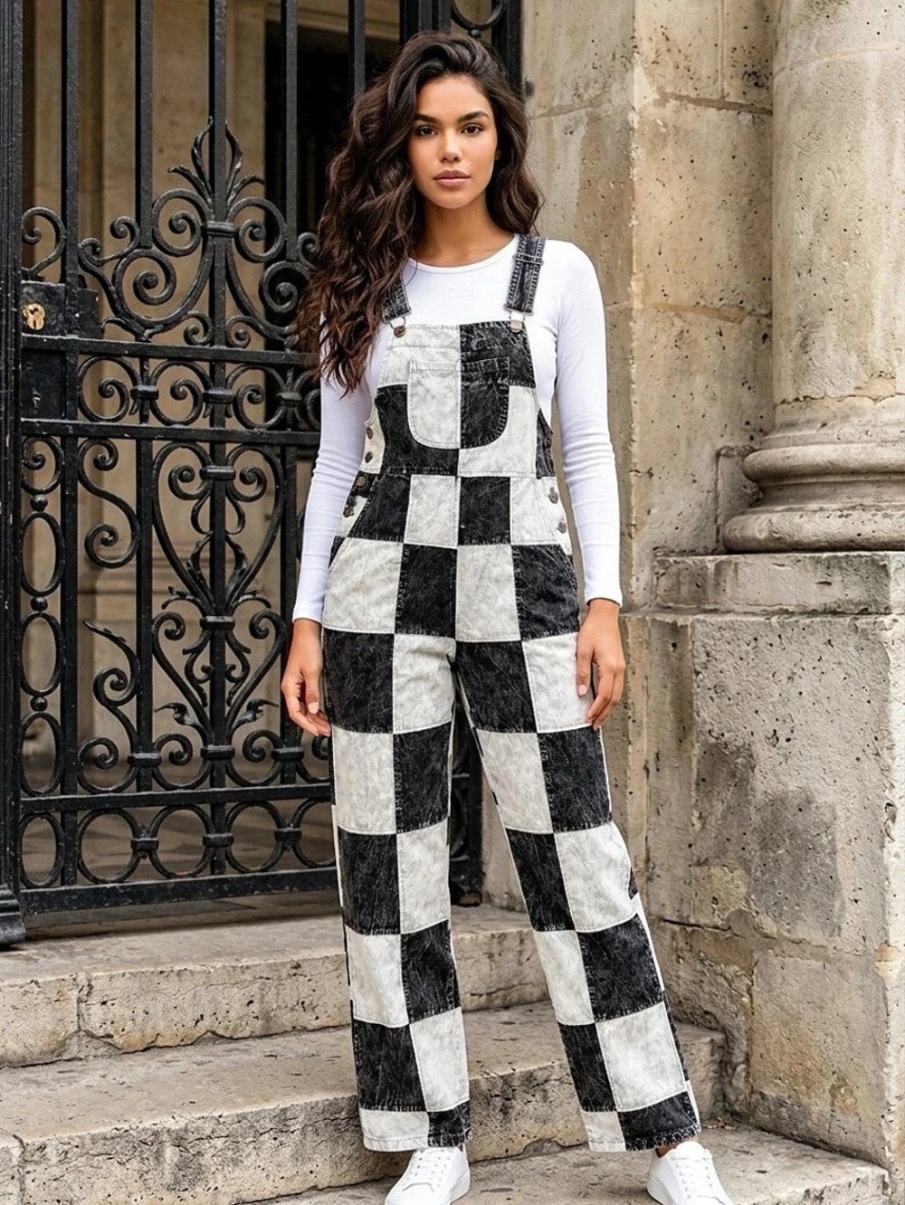 Rising International Women's Checkered Overalls in Black & White NWT